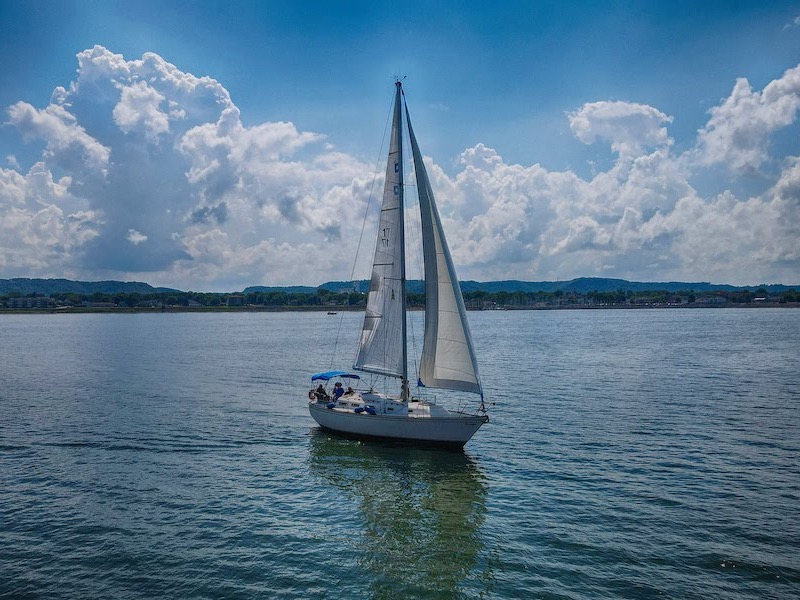 Sailboat sailing on Lake Pepin as seen from a drone